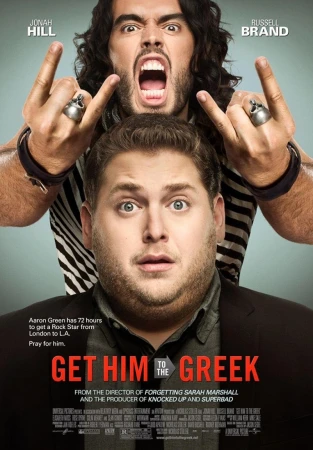 Movie poster featuring Jonah Hill and Russell Brand for 'Get Him to the Greek'. Close-up of their faces with rock-and-roll hand gestures.
