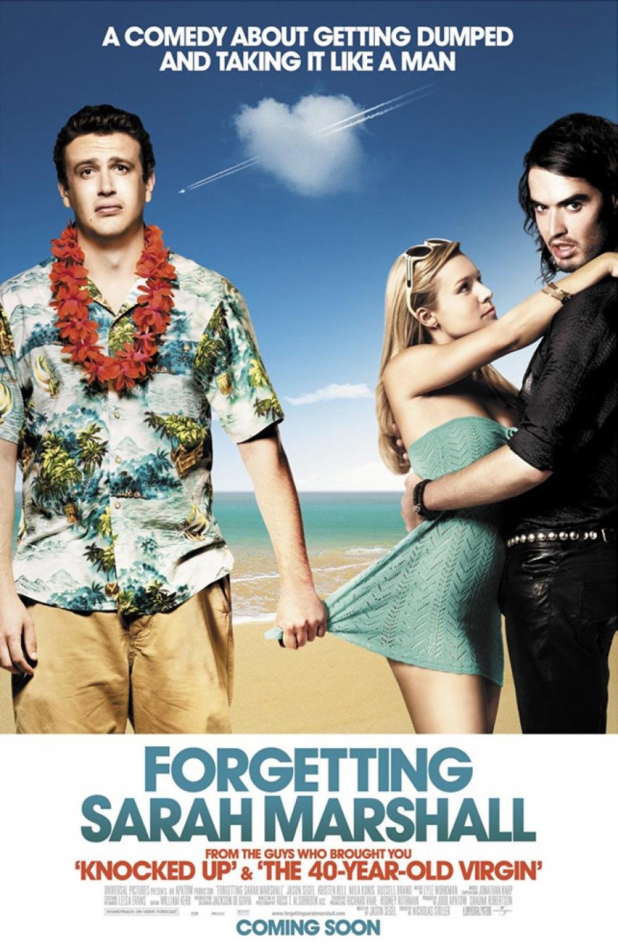 Movie poster for 'Forgetting Sarah Marshall' featuring Jason Segel, Kristen Bell, and Russell Brand on a sunny beach backdrop.