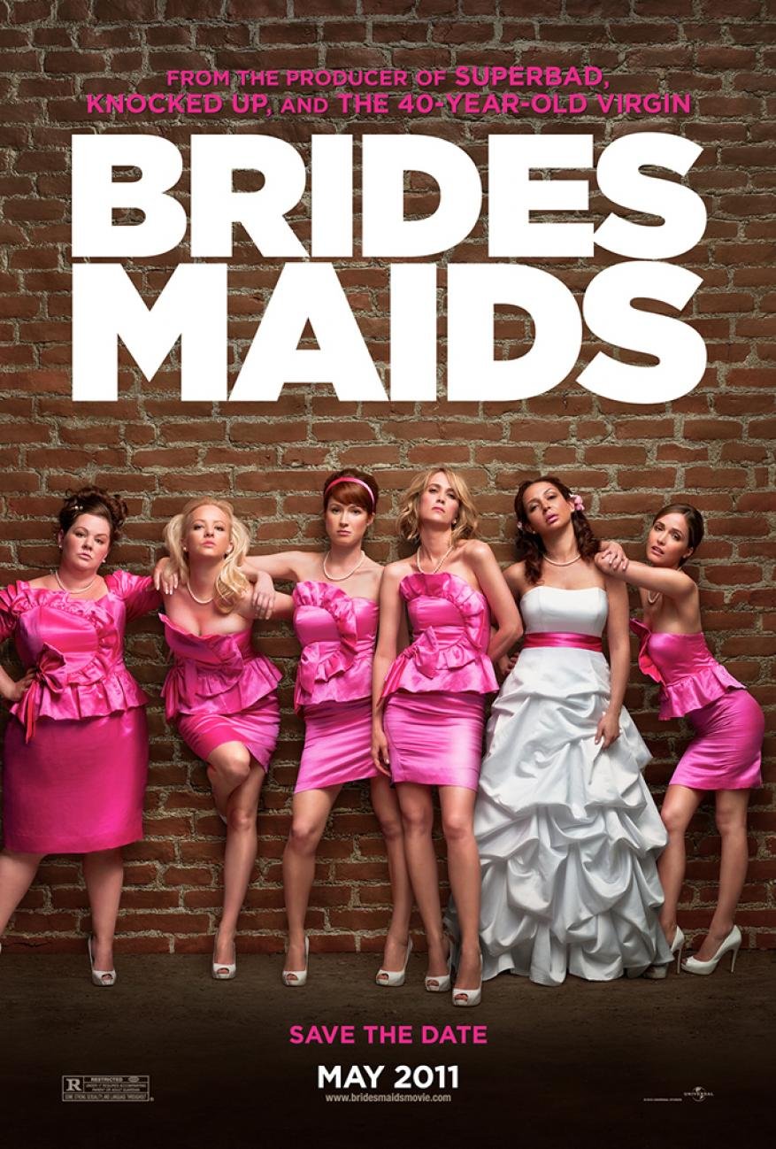 Movie poster for Bridesmaids with six women in pink dresses against a brick wall, promoting the 2011 comedy film.