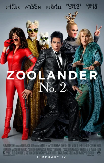 Movie poster for Zoolander No. 2 featuring Ben Stiller and the cast in a stylized portrait with formal attire, set against a gradient background.