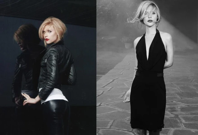 Diptyque composite portrait showing a blonde woman in a black leather jacket and a black halter dress styled by Leesa Evans