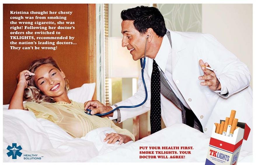 A doctor uses a stethoscope to examine a smiling blonde woman in bed, in an advertisement for cigarettes with text overlays.