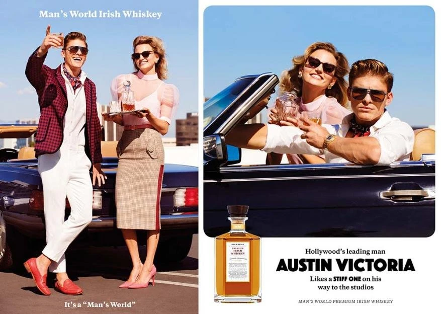 Stylish ad with two people by a convertible: a man in a blazer and woman in a skirt carrying beverages, plus whiskey bottle inset.