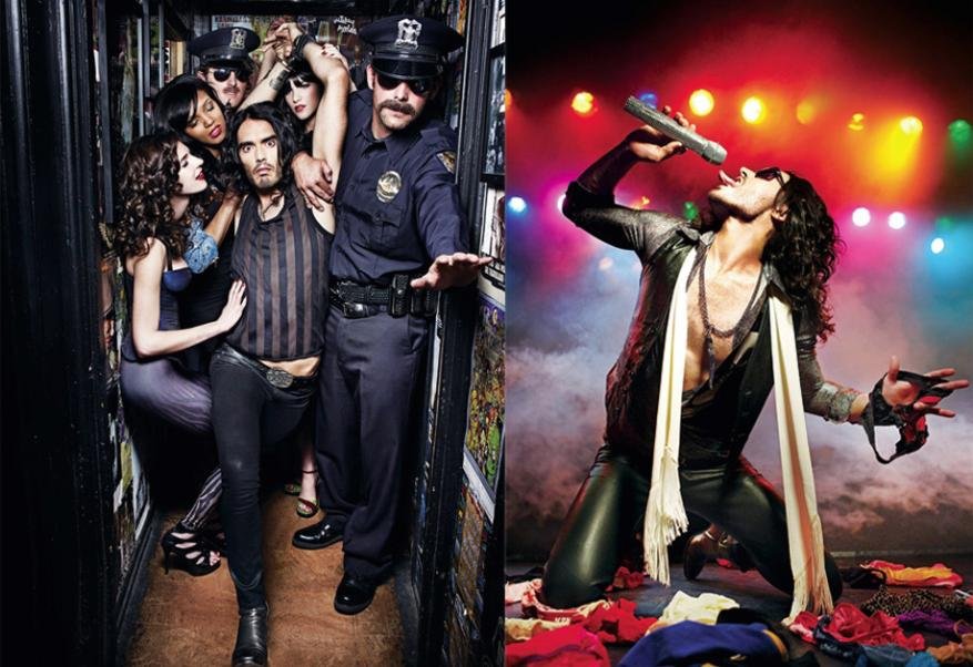 Compilation image: Russell Brand surrounded by people, including police officers, in a hallway; Russell Brand performing in concert.