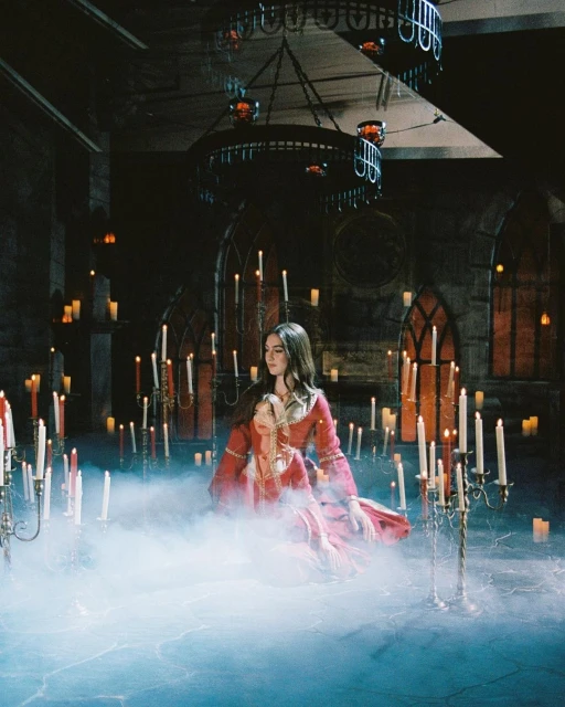 Two women in red gowns amidst a sea of candles, set in a dark stone room, evoke a scene of gothic elegance and mystery.