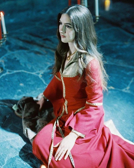 A woman in a long, red medieval-style gown sits on a patterned blue tile floor in a candlelit room, looking toward the light.