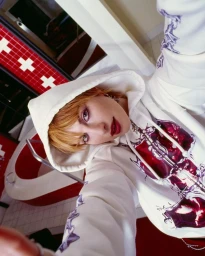 High-angle selfie of a woman with reddish-blonde hair wearing a cream-colored graphic hoodie in an indoor setting.