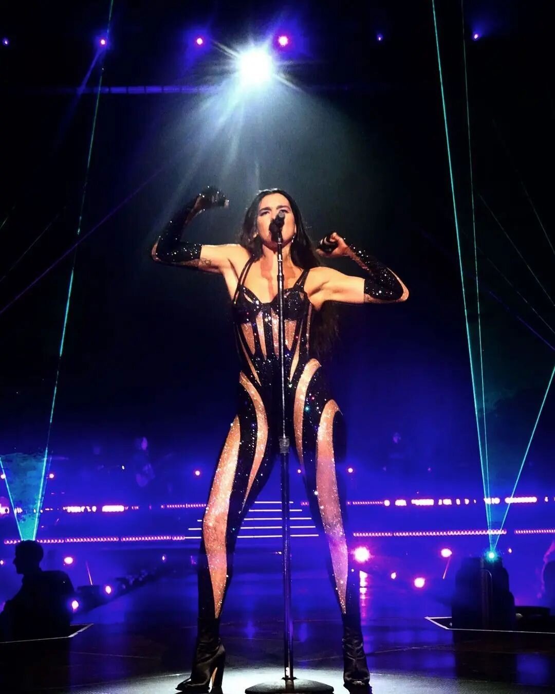 Singer performing on stage wearing a black and nude bodysuit, standing in front of a microphone under bright lights with lasers.