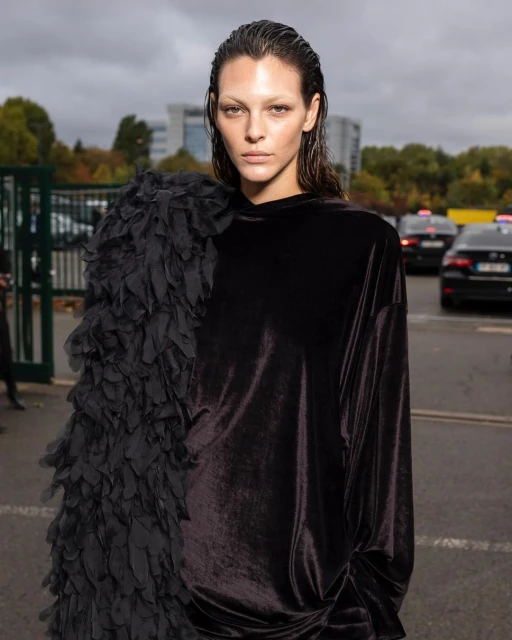 Fashion model poses outdoors wearing black velvet hooded dress with feathered embellishments, with a blurred street and building background.