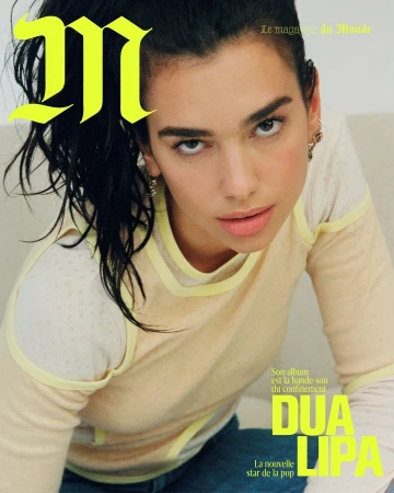 Close-up shot of a young woman with dark hair in a yellow top, posing for the cover of 'Le magazine du Monde'. Fashion editorial photography.