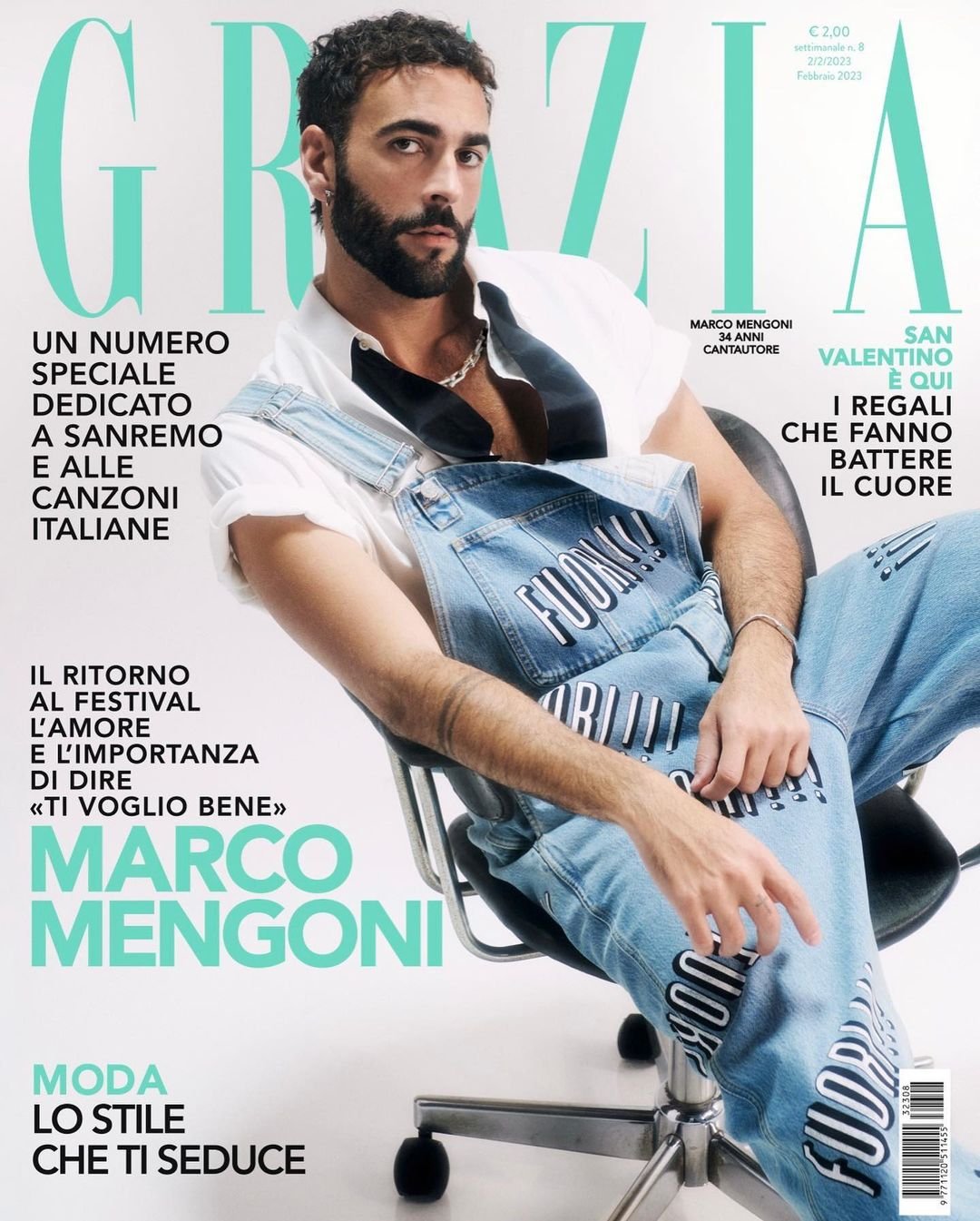 Marco Mengoni, Italian singer-songwriter, graces a magazine cover in denim overalls, sitting in an office chair against a clean white backdrop.