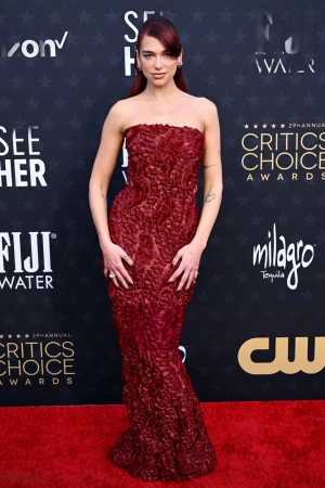 Dua Lipa at the Critics Choice Awards, standing on a red carpet wearing a strapless, floor-length, textured wine-red gown.