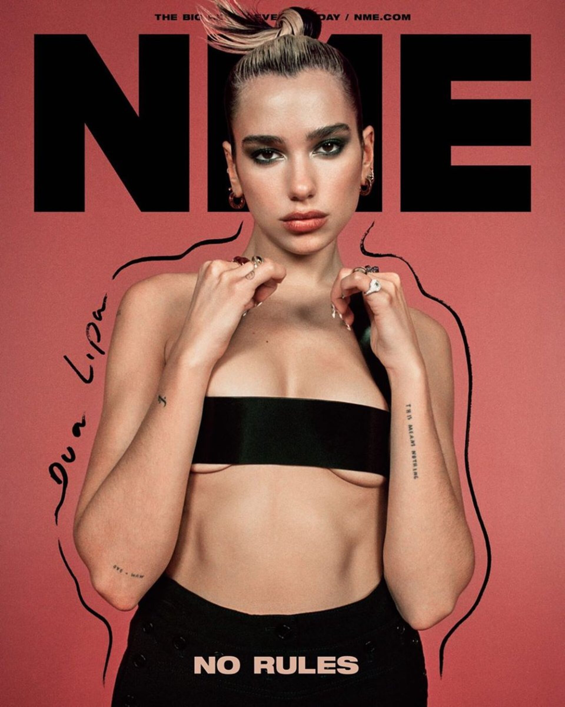 NME magazine cover featuring Dua Lipa with black top and bottoms, set against a pink background with black text and stylized line art.
