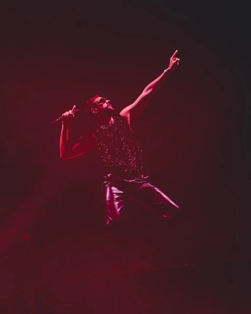 Male music artist sings on stage into a microphone during a live performance, bathed in red lighting.