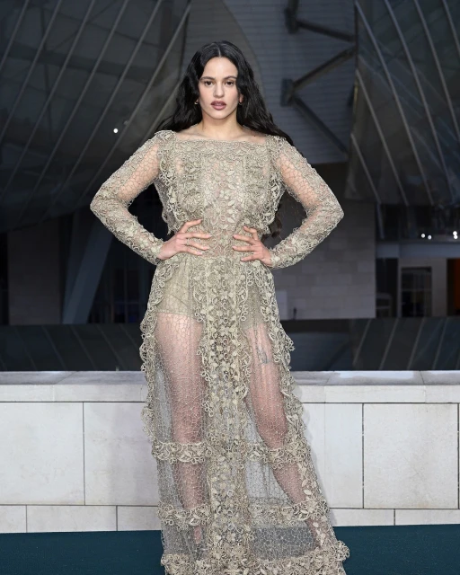 Rosalia poses in a full-length shot wearing a lace dress with long sleeves and her hands on her hips, standing in front of a building.