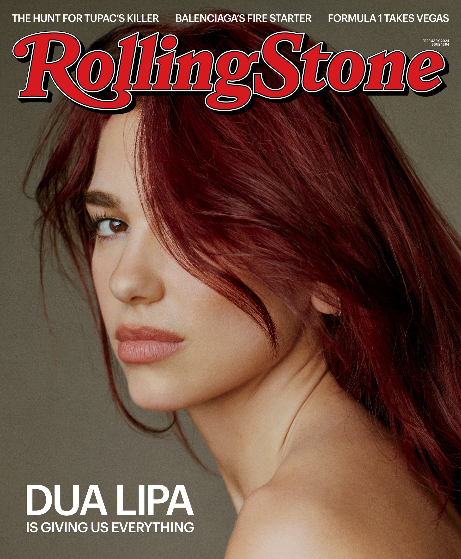 Dua Lipa cover for Rolling Stone. Portrait of the singer with red hair and light skin, a close-up of her face and upper chest.