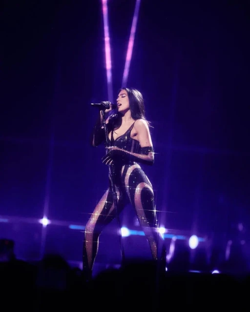 Dynamic stage shot of Dua Lipa singing, dressed in a sparkling black jumpsuit under violet stage lights, conveying energy and performance.