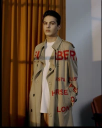 Young male model in a beige printed trench coat and white t shirt standing indoors against an orange curtain