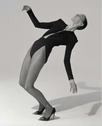 Model in black bodysuit and heels arching backwards against a plain light background