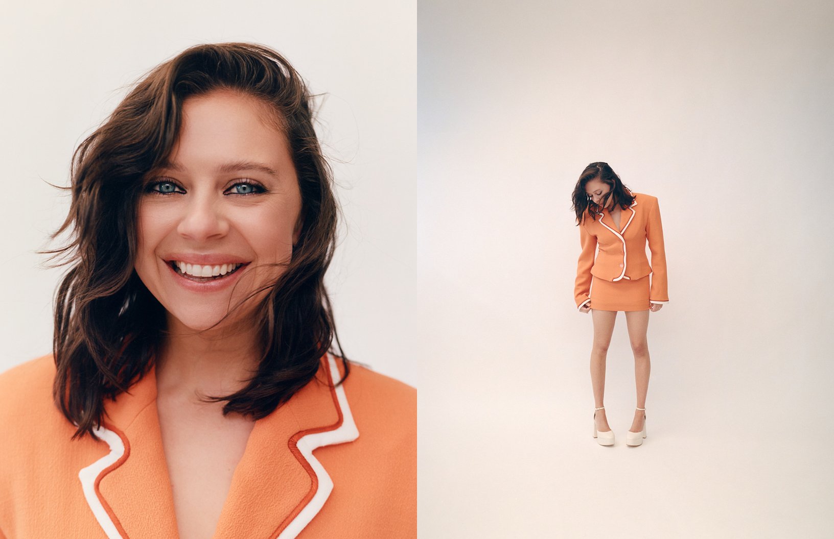 Smiling woman in an orange skirt suit on white. Portrait shot and full body shot. Fashion, beauty, and lifestyle imagery.