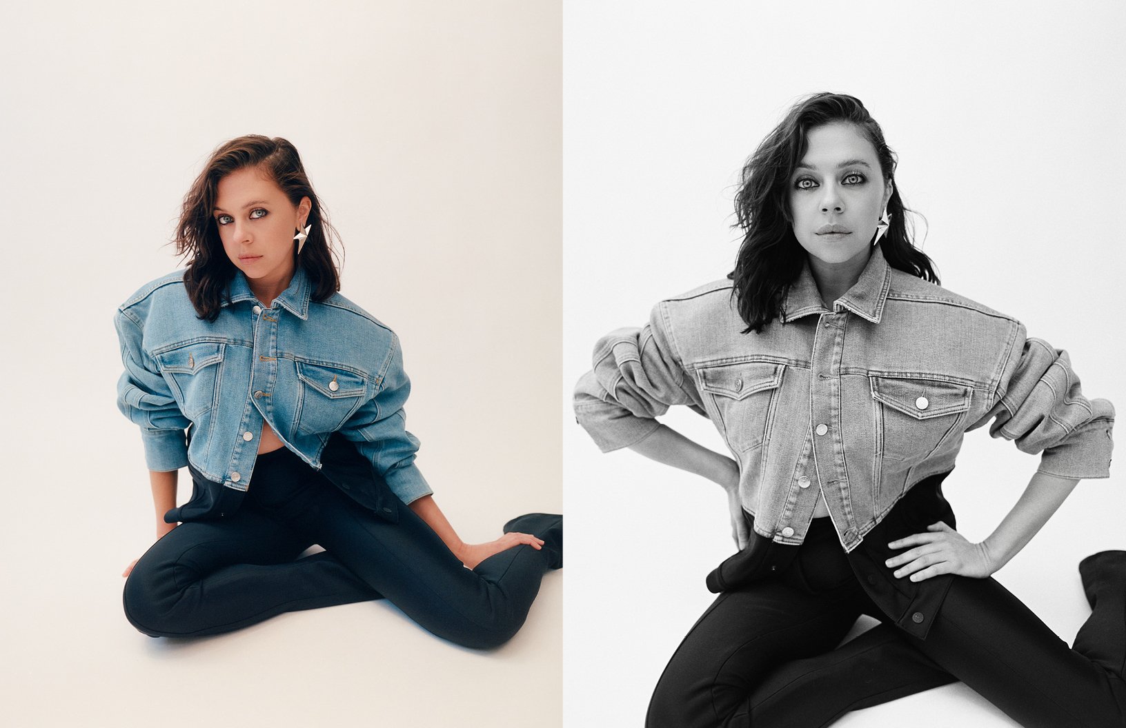 A woman poses in a light denim jacket and black pants, seated against a bright white backdrop, presented in both color and black and white.