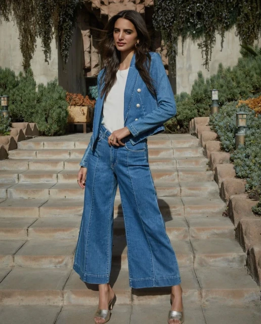 A confident woman in denim attire stands on stone steps outdoors, showcasing a jacket, wide-leg jeans, and metallic heels for fashion.