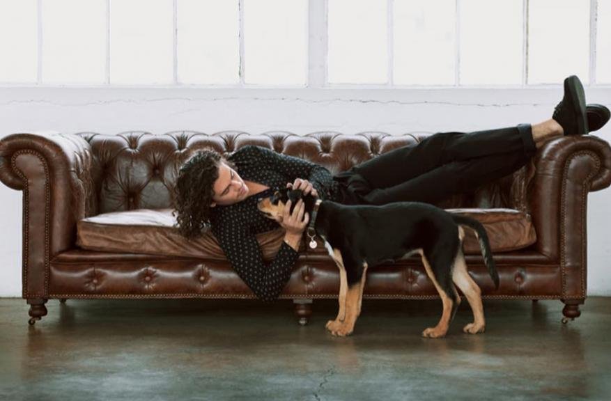 Adult male rests on a brown leather couch while a black and tan puppy reaches up to him in a bright, naturally lit interior space.