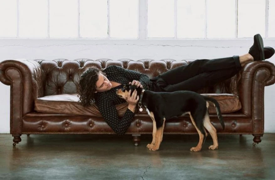 Adult male rests on a brown leather couch while a black and tan puppy reaches up to him in a bright, naturally lit interior space.