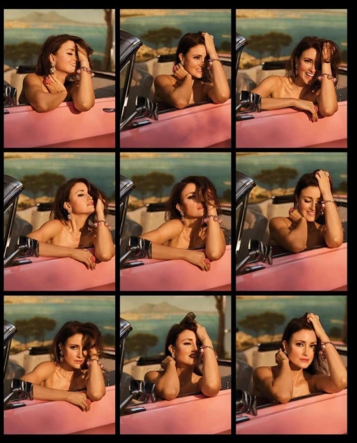 Elegant woman posing in a vintage pink convertible car, captured in a nine-image grid against a coastal backdrop on a sunny day.