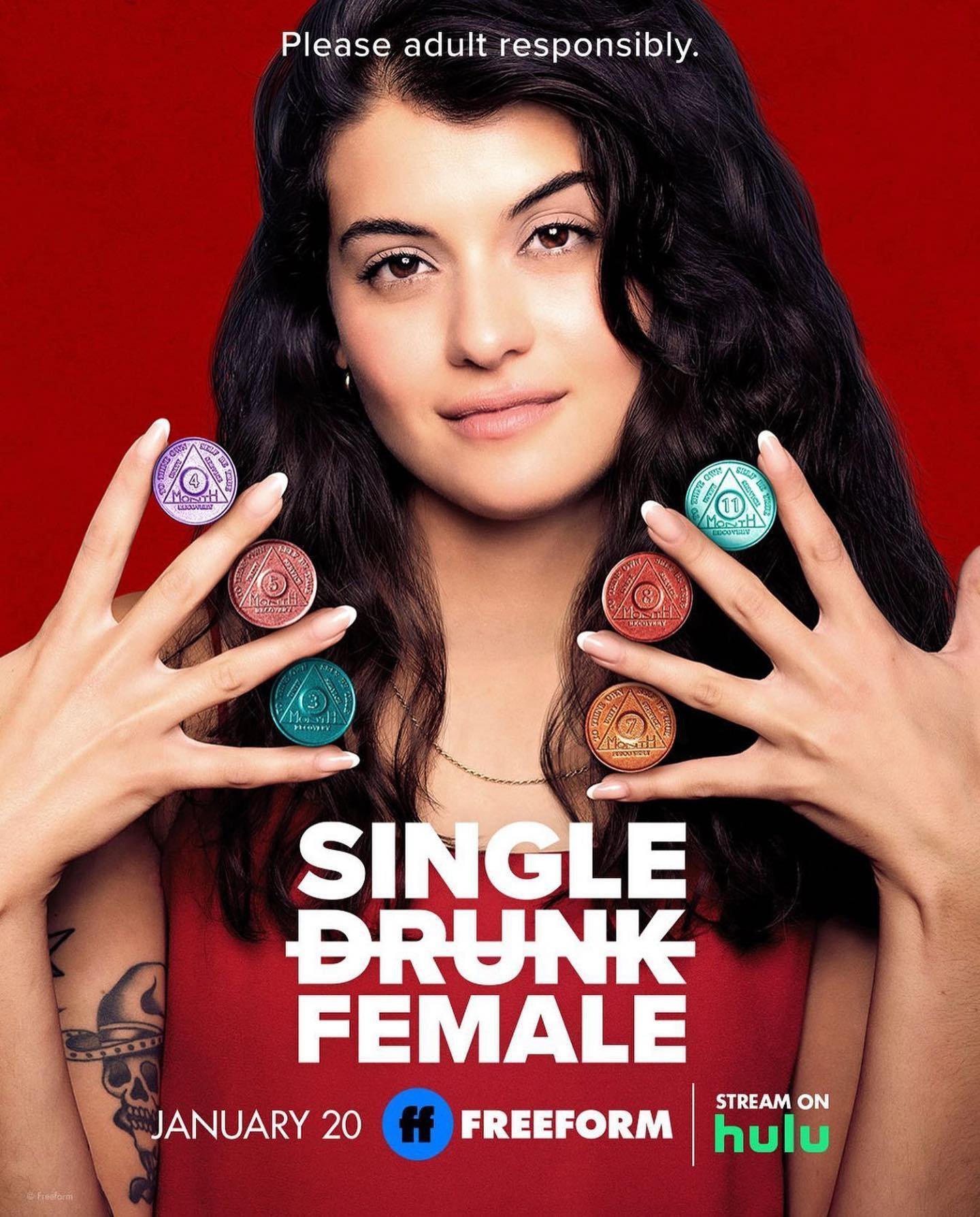 Promotional image for Single Drunk Female TV series featuring an adult female holding decorative tokens in a studio with a red backdrop.