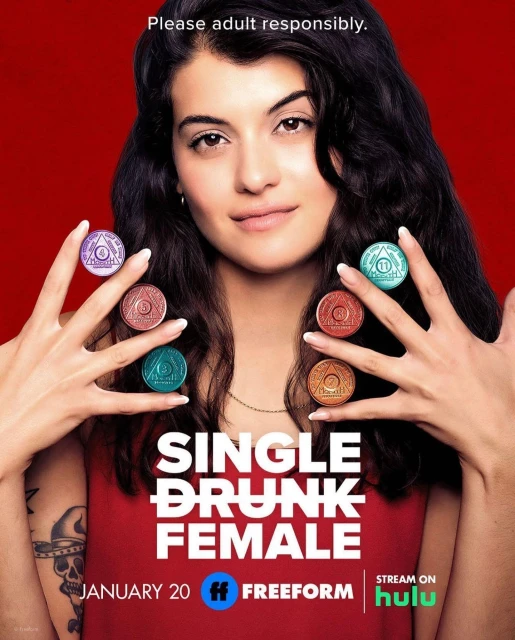 Promotional image for Single Drunk Female TV series featuring an adult female holding decorative tokens in a studio with a red backdrop.