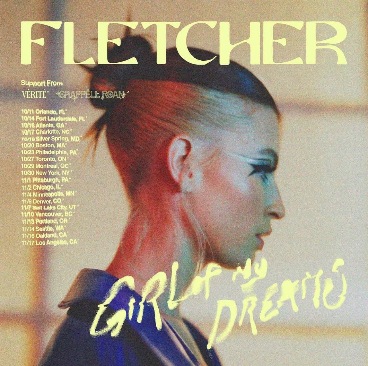 Promotional image for Fletcher's 'Girl of My Dreams' tour features a woman with dramatic eye makeup in profile and tour dates.