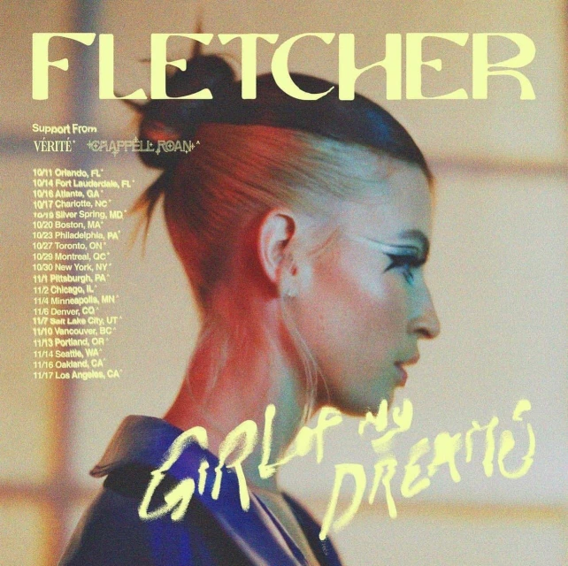 Promotional image for Fletcher's 'Girl of My Dreams' tour features a woman with dramatic eye makeup in profile and tour dates.