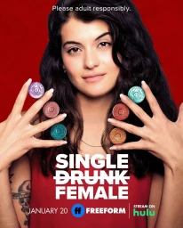 Close-up portrait of a young woman holding sobriety chips on her fingers, with red background and bold white text.