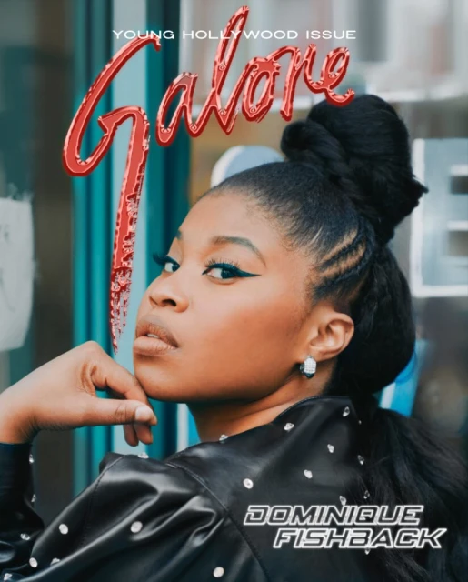 Portrait of Dominique Fishback on the cover of Galore's Young Hollywood Issue, wearing a studded leather jacket and updo hairstyle.