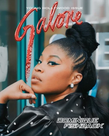 Portrait of Dominique Fishback on the cover of Galore's Young Hollywood Issue, wearing a studded leather jacket and updo hairstyle.