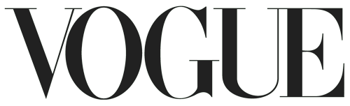 A gray-tone image features the stylized sans-serif wordmark 'VOGUE' against a solid black backdrop, emphasizing its fashion magazine branding.