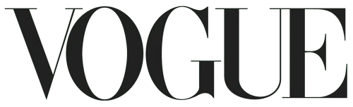 A gray-tone image features the stylized sans-serif wordmark 'VOGUE' against a solid black backdrop, emphasizing its fashion magazine branding.