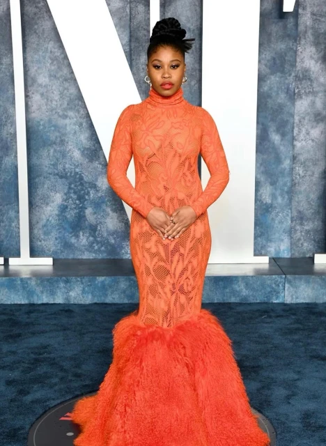 An elegant African-American woman poses in a long-sleeved orange gown with a fur-like train against a mottled blue and white backdrop.