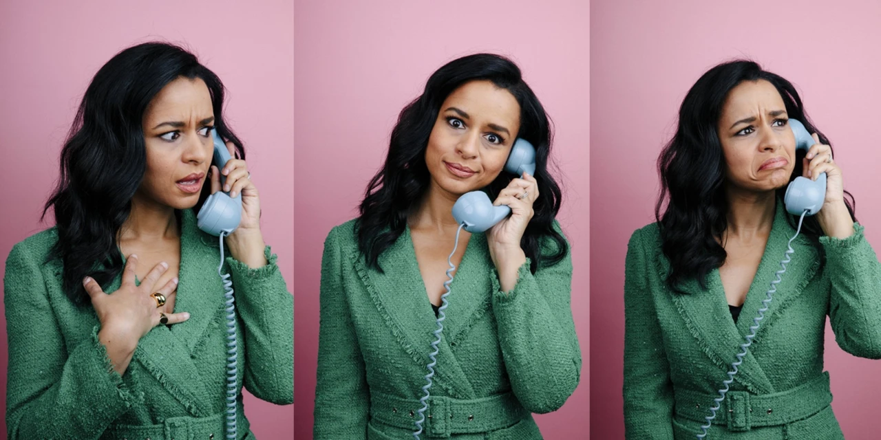 Three-panel studio shot of a brunette woman in a green tweed suit talking on a vintage telephone, displaying different facial expressions.