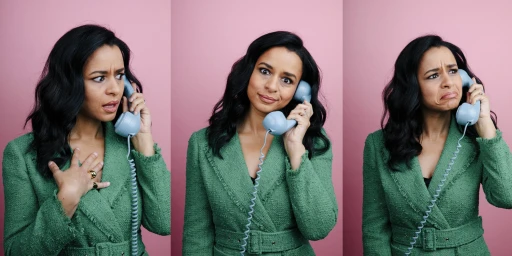 Triptych of a woman wearing a green tweed jacket talking on a vintage telephone against a pink background
