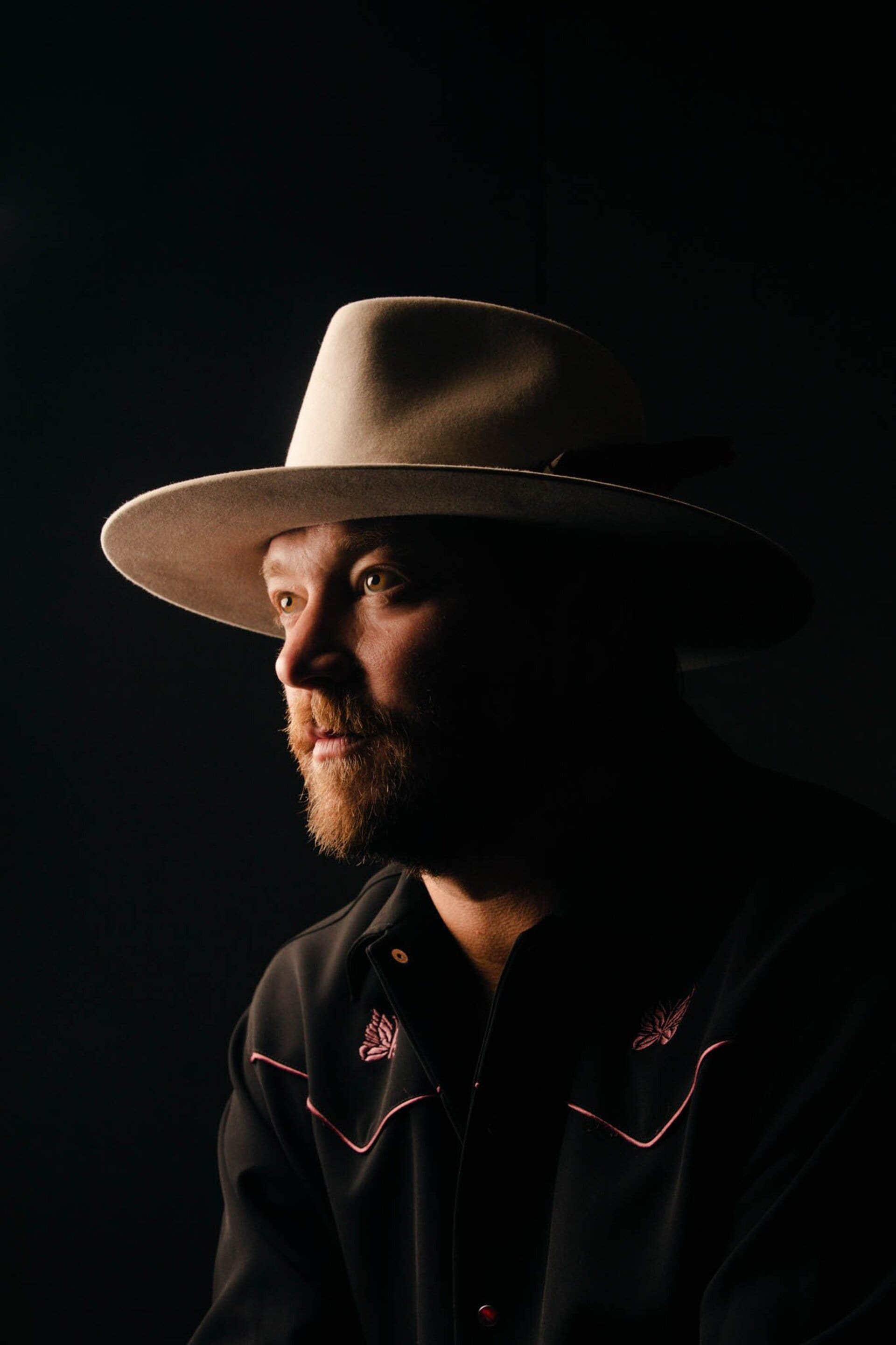 Headshot of a man with a beard wearing a cowboy hat and a western shirt against a black background, showcasing portrait lighting.