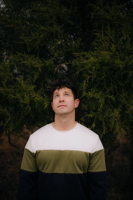 Portrait of a young adult man looking up outside with a tree in the background, wearing a tri-color sweater: white, green, and black.