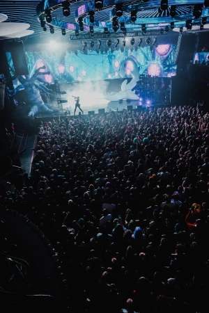 Concert performance shot with a crowd of people facing the stage with lights and an LED screen in the background; shot from an elevated angle.