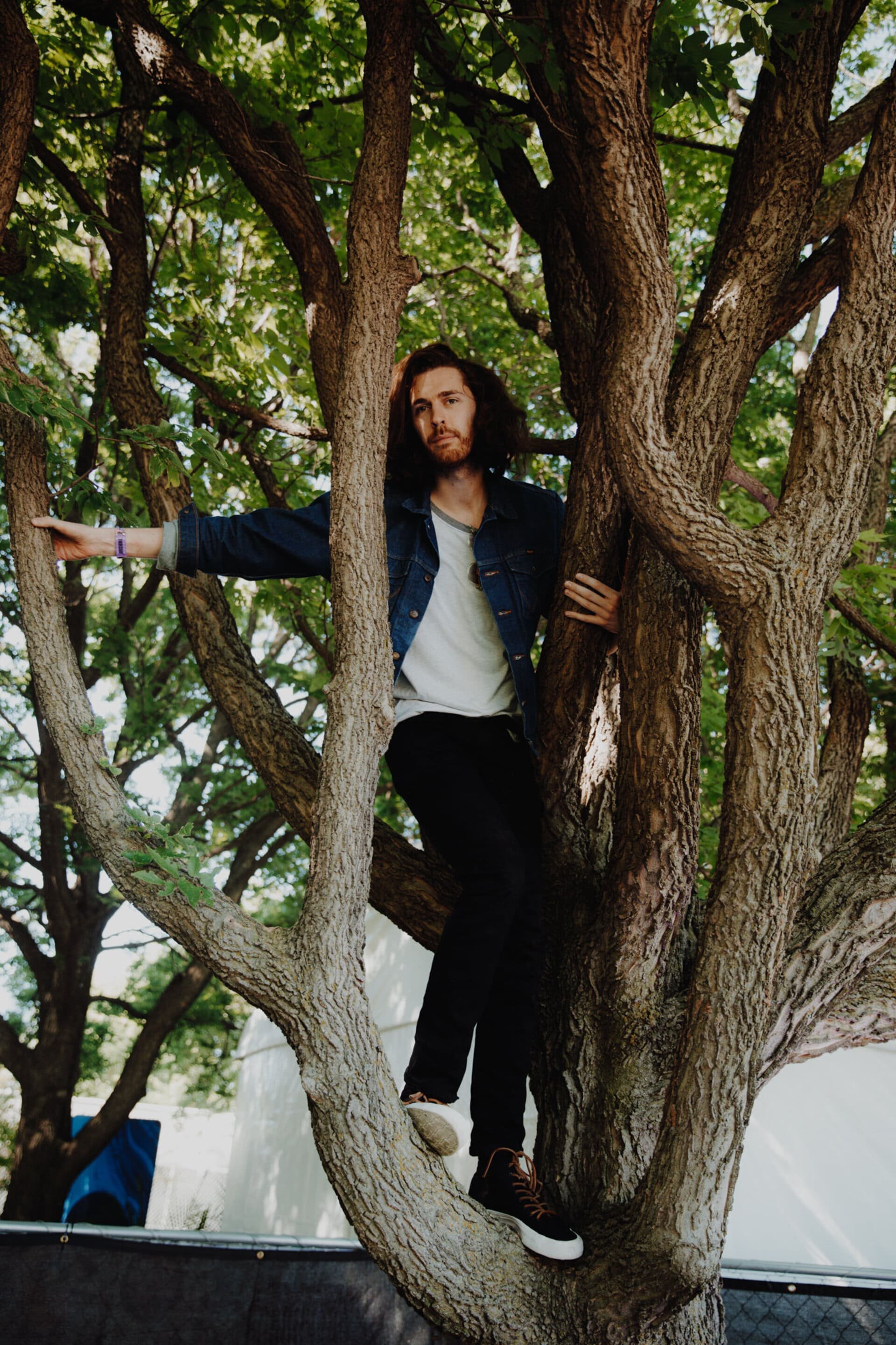 Adult male with beard and long hair sitting in the branches of a tree wearing a denim jacket, t-shirt, and pants in an outdoor setting.