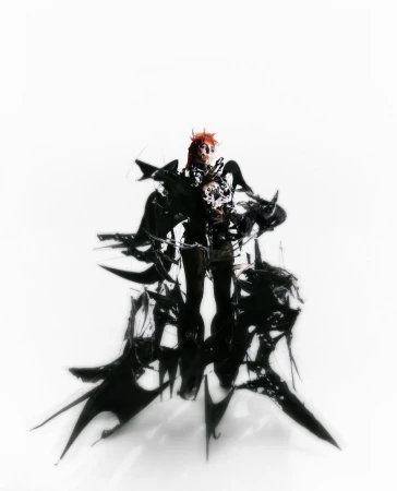 An adult stands surrounded by abstract black structures, creating a unique and artistic visual statement against a bright white backdrop.