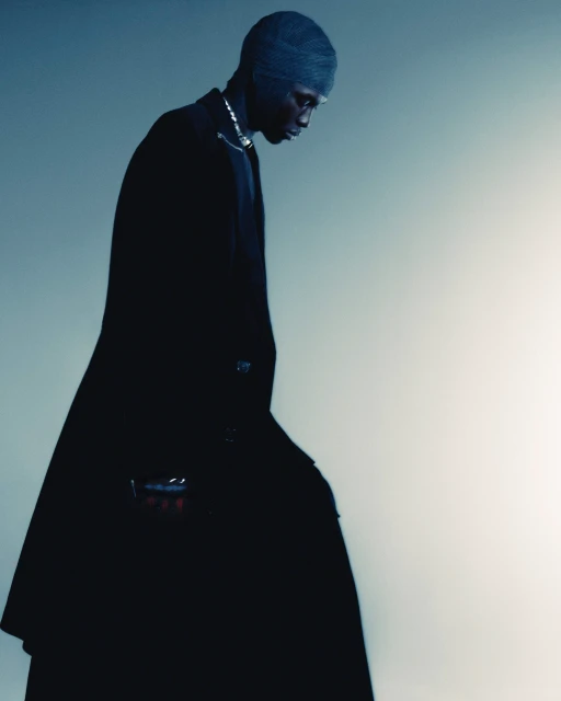 Studio shot of a Black male fashion model wearing a dark coat and head wrap, looking down in a shadowed studio with a light gradient background.