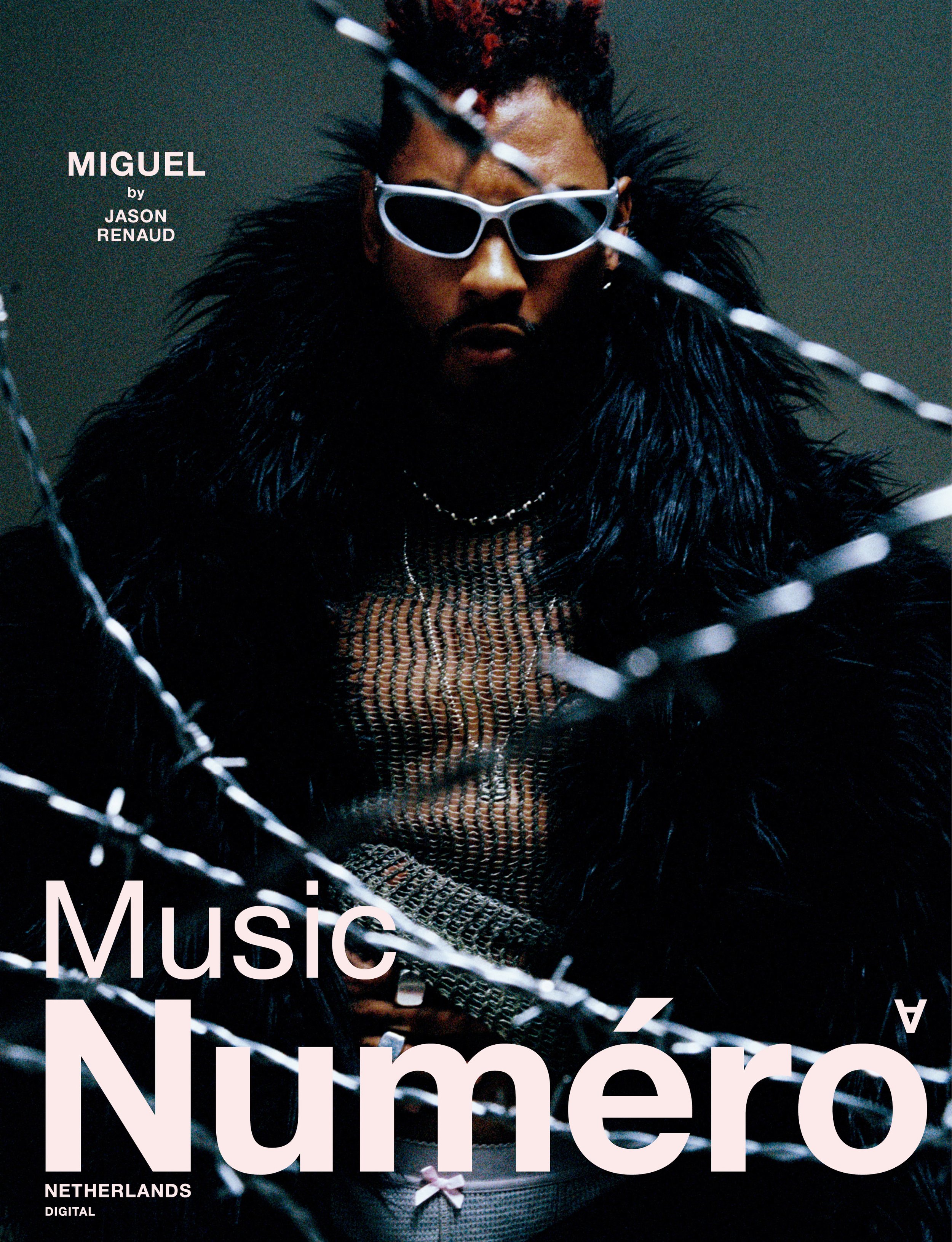 Magazine cover featuring Miguel in sunglasses and a fur coat, partially obscured by barbed wire, with 'Music Numero' text.