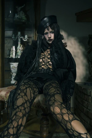 A dark portrait of a person with pale skin and dark makeup sitting in a chair wearing a hat and black, patterned outfit, indoors.