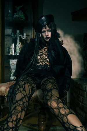 Model wearing dark gothic attire, a black pillbox hat, and distressed tights, seated indoors with a cabinet and brick fireplace.
